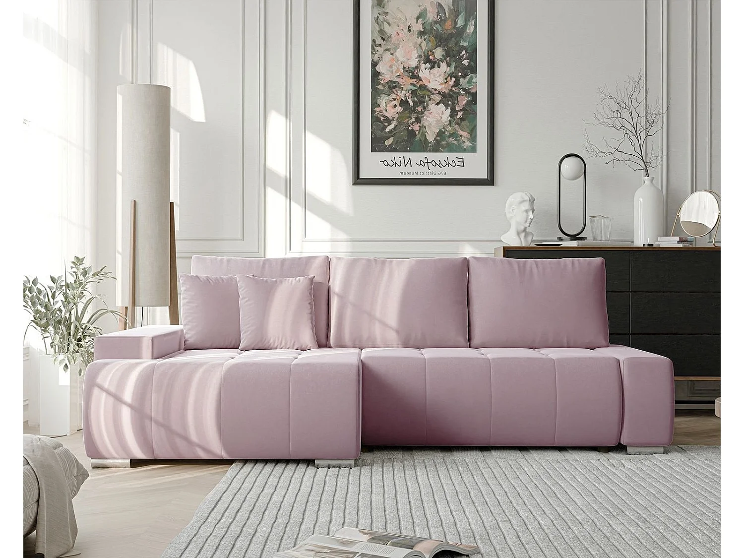 Canapé d'angle gauche convertible en velours, violet