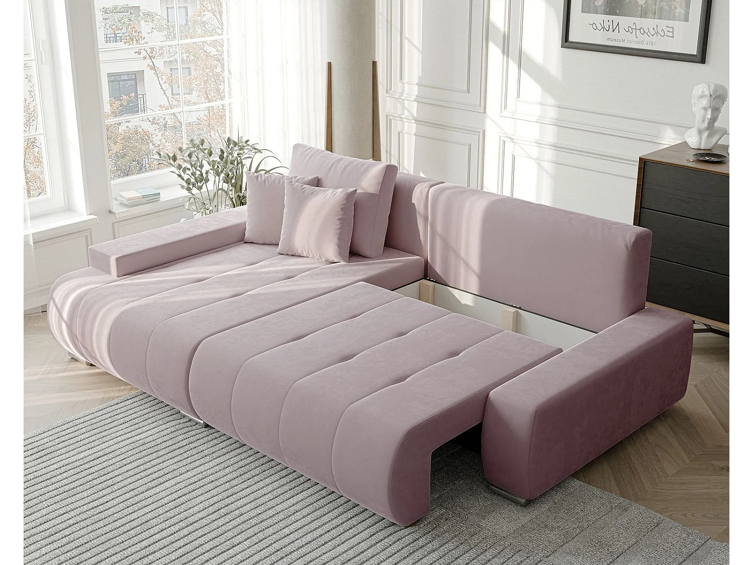 Canapé d'angle gauche convertible en velours, violet