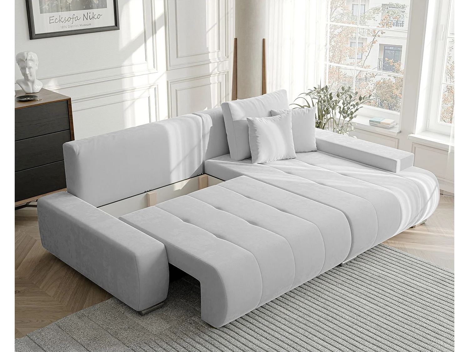 Canapé d'angle droit convertible en velours, gris