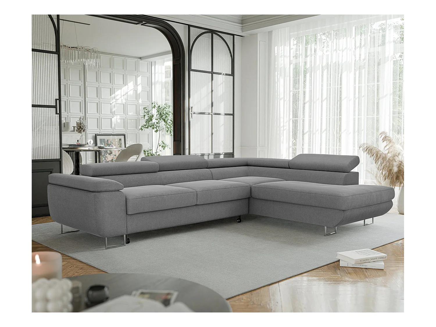 Canapé d'angle droit convertible en tissu gris