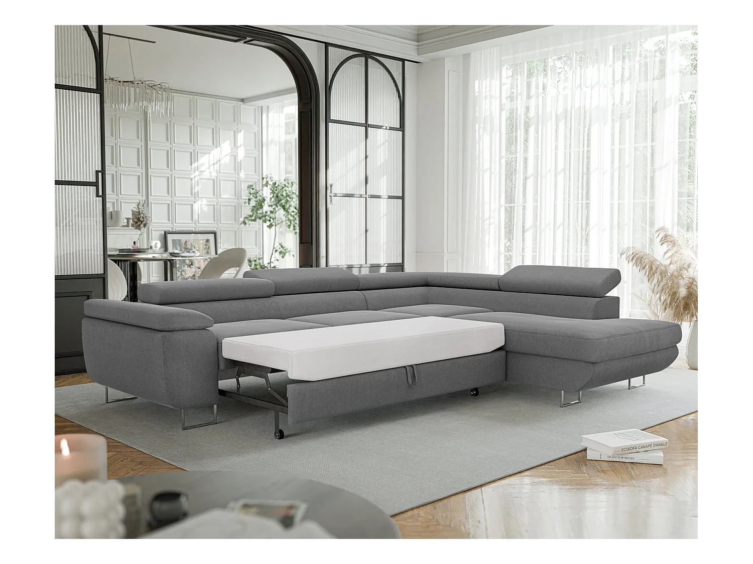 Canapé d'angle droit convertible en tissu gris