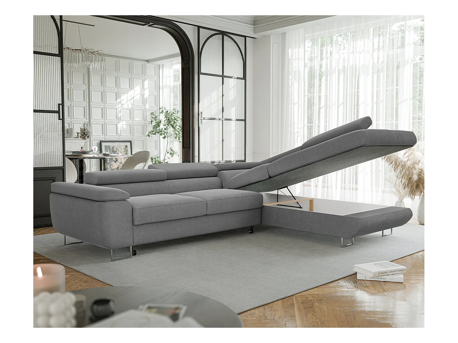 Canapé d'angle droit convertible en tissu gris