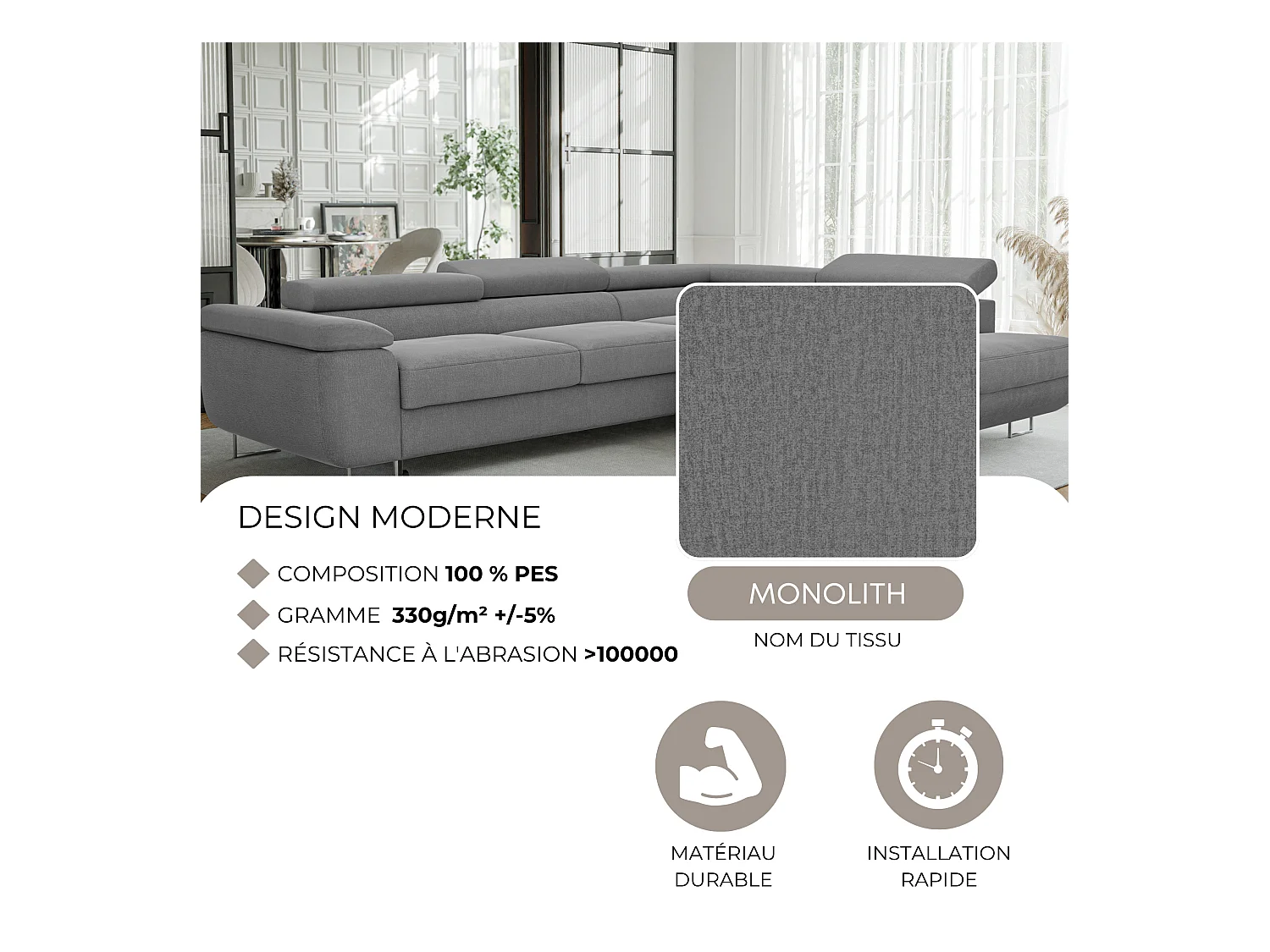 Canapé d'angle droit convertible en tissu gris
