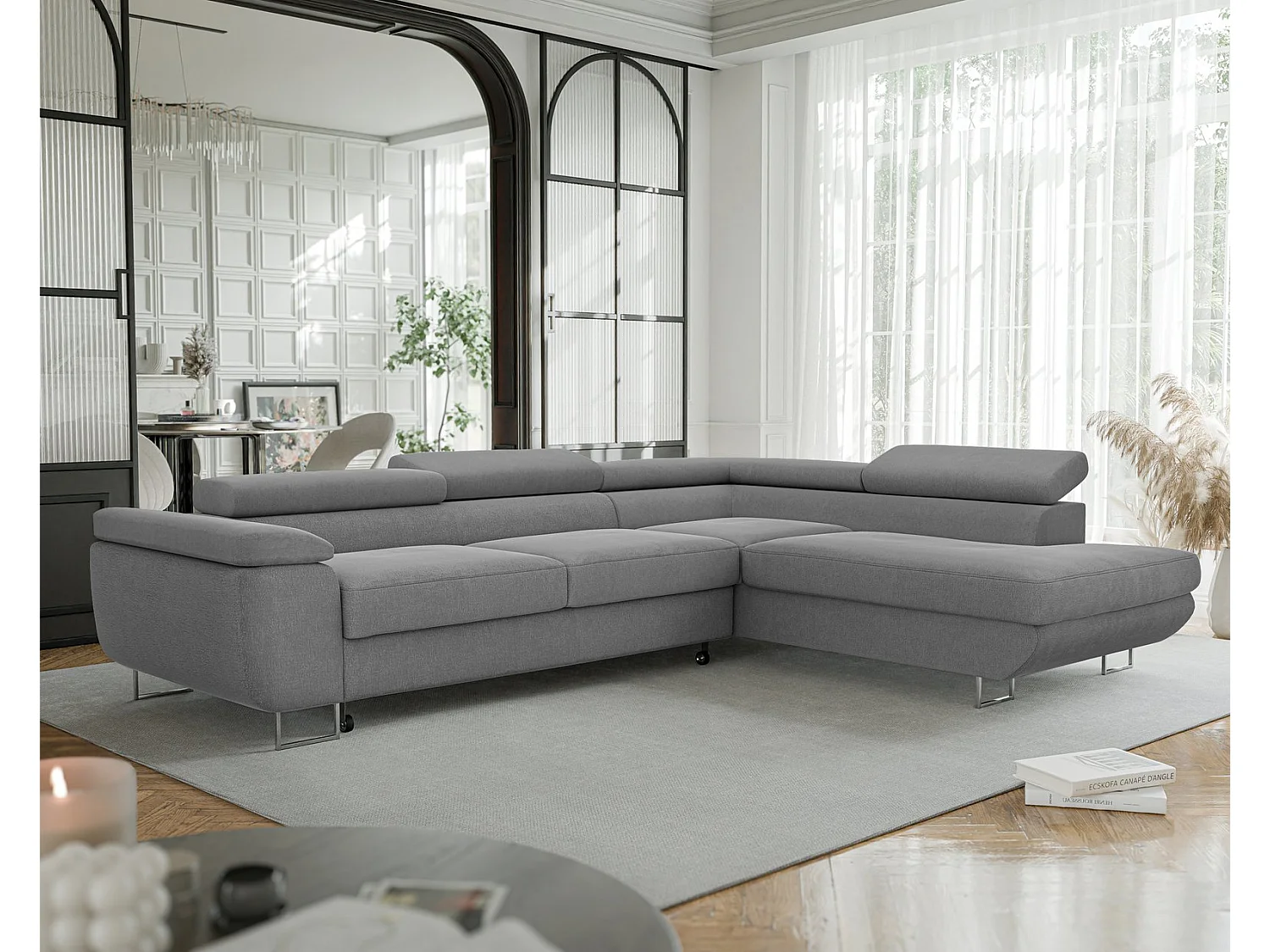 Canapé d'angle droit convertible en tissu gris