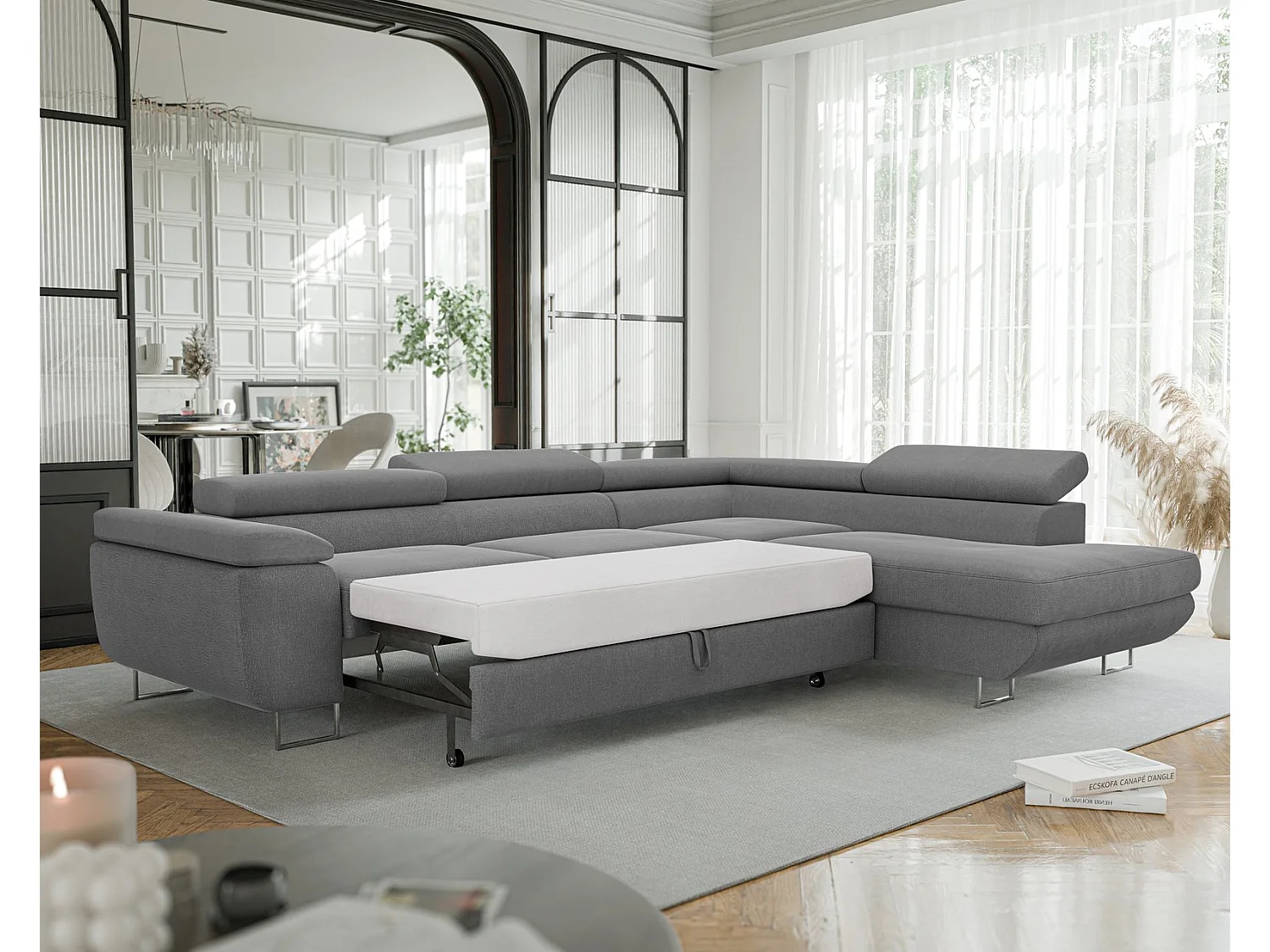 Canapé d'angle droit convertible en tissu gris