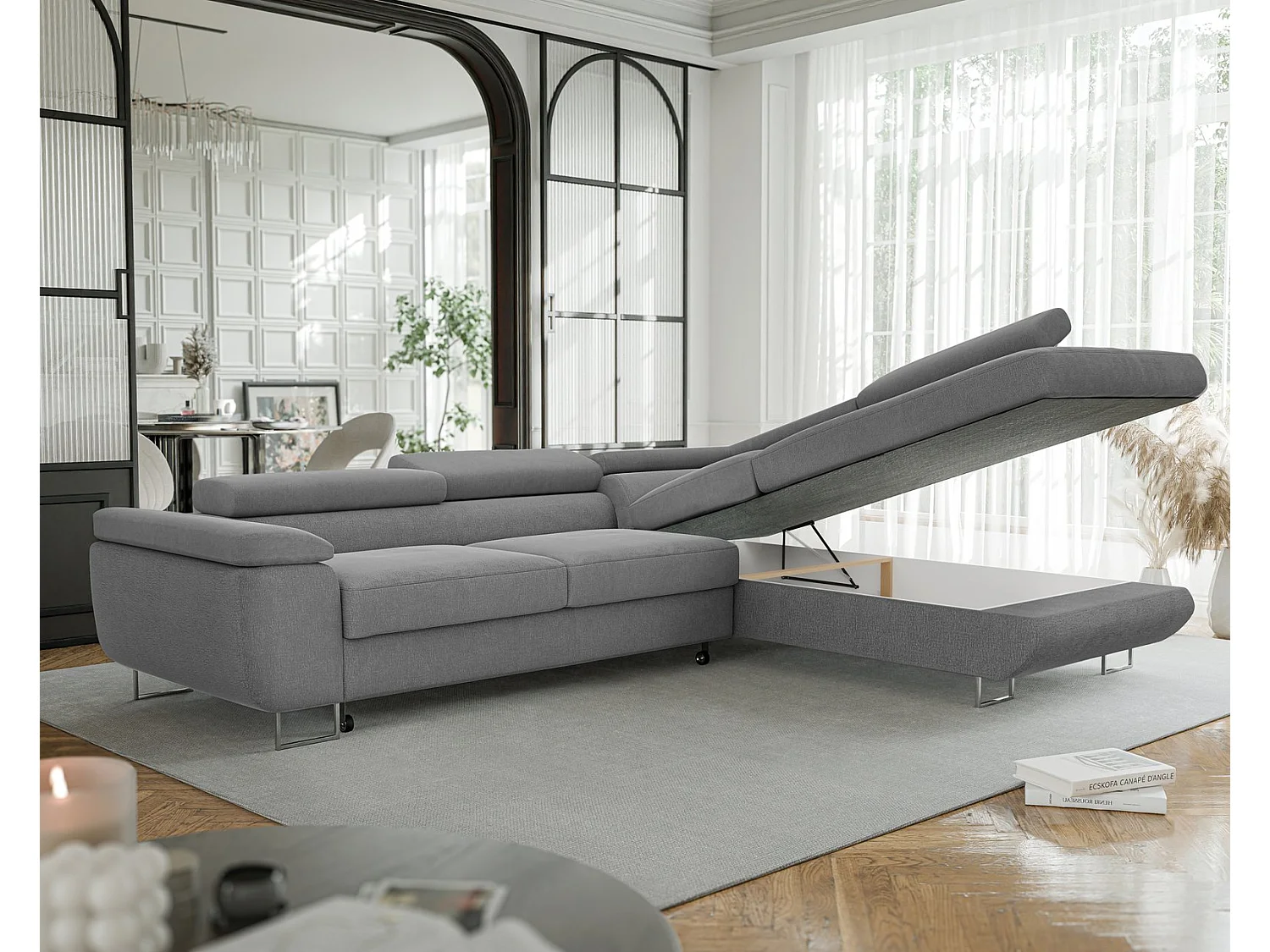 Canapé d'angle droit convertible en tissu gris