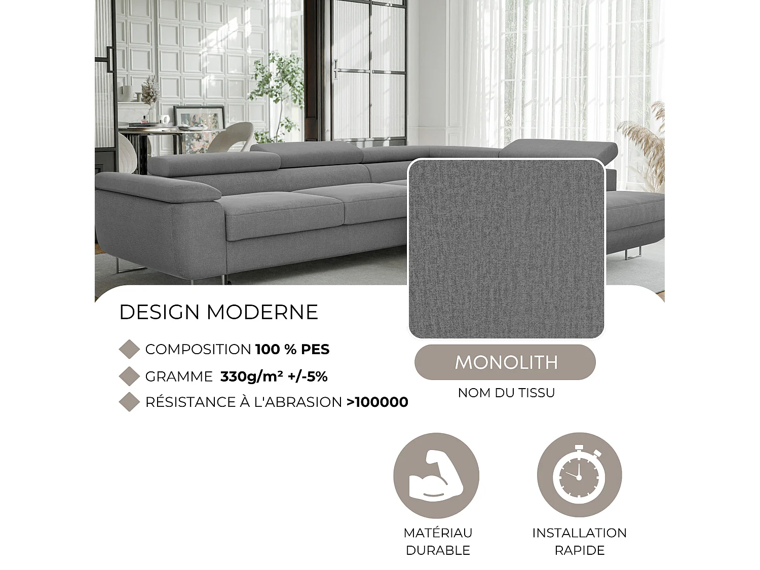Canapé d'angle droit convertible en tissu gris