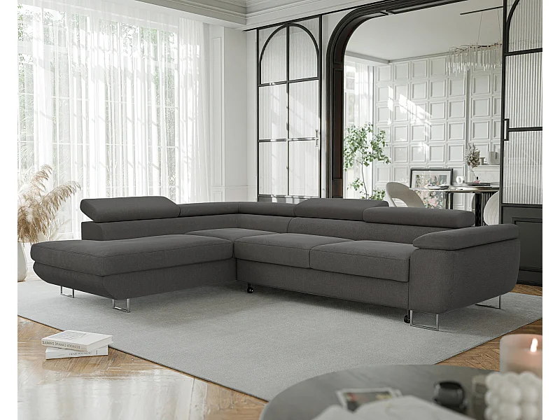 Canapé d'angle gauche convertible en tissu gris foncé