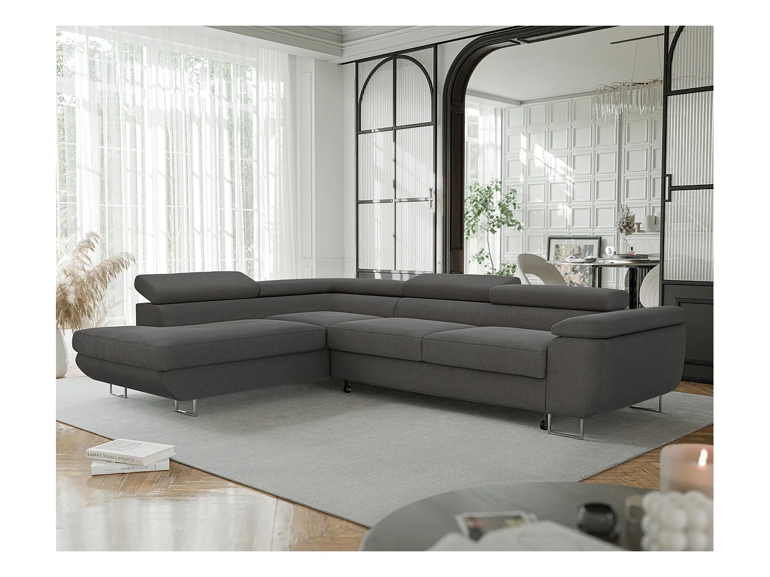 Canapé d'angle gauche convertible en tissu gris foncé