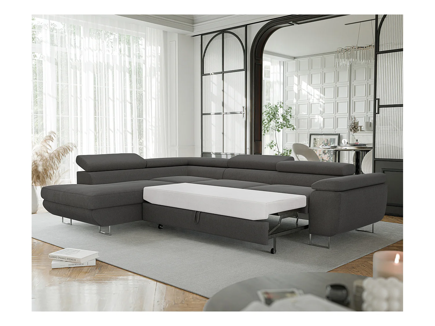 Canapé d'angle gauche convertible en tissu gris foncé