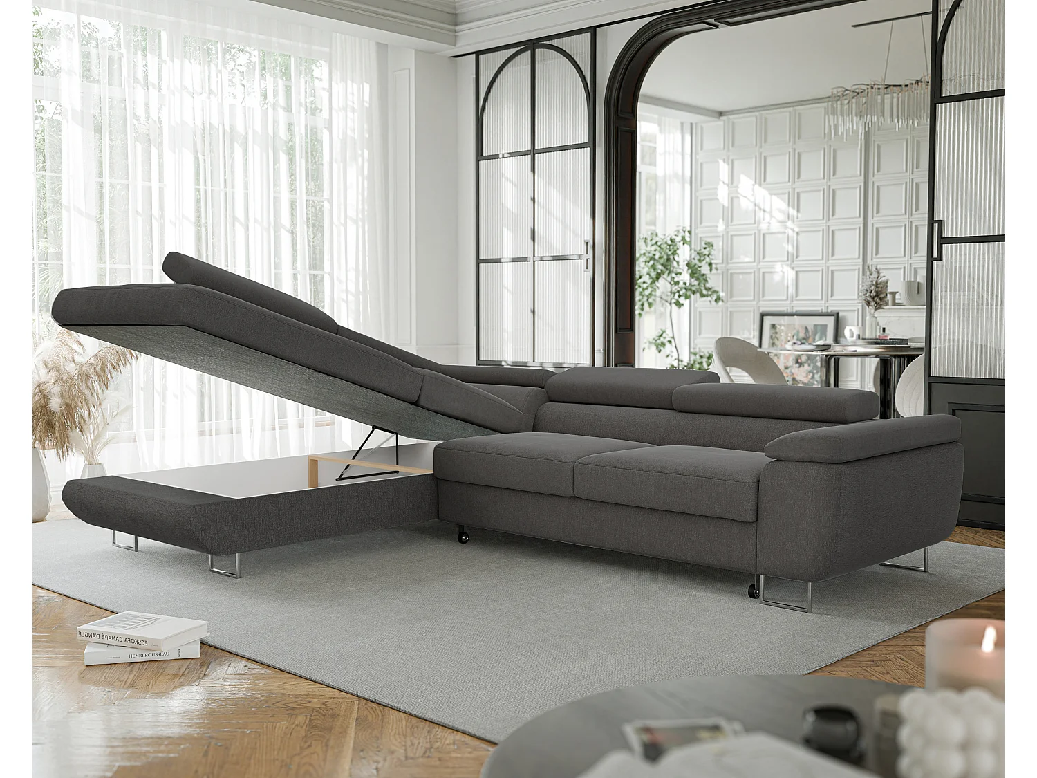 Canapé d'angle gauche convertible en tissu gris foncé