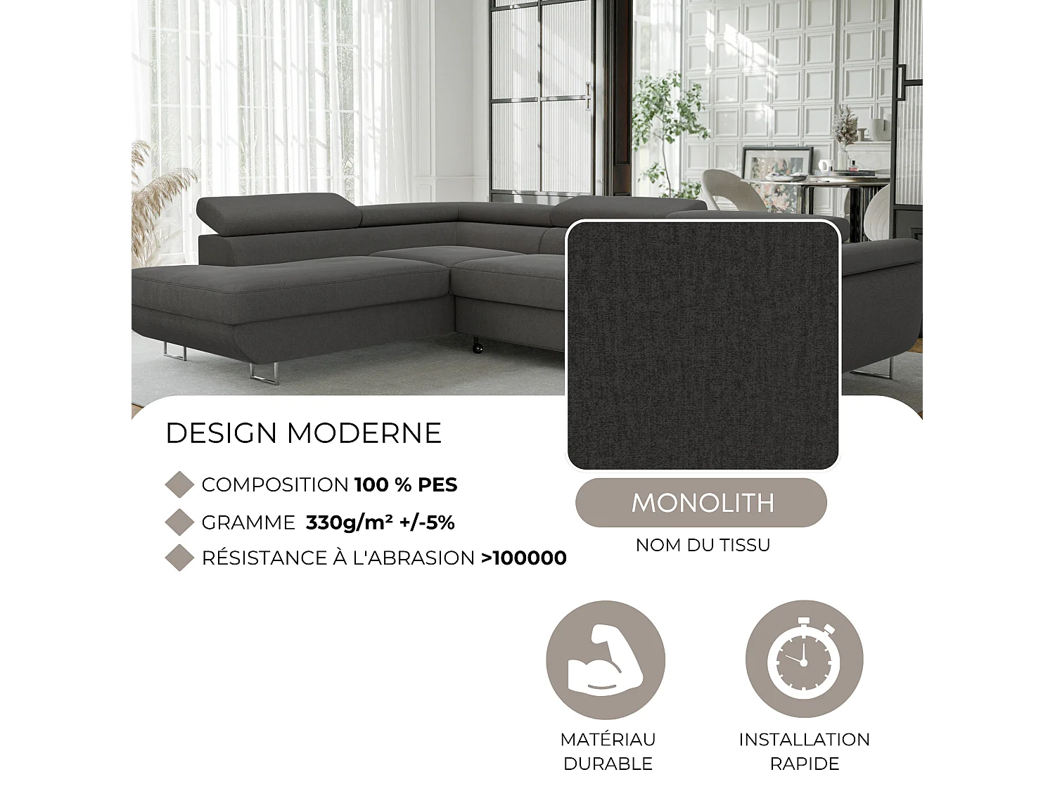 Canapé d'angle gauche convertible en tissu gris foncé