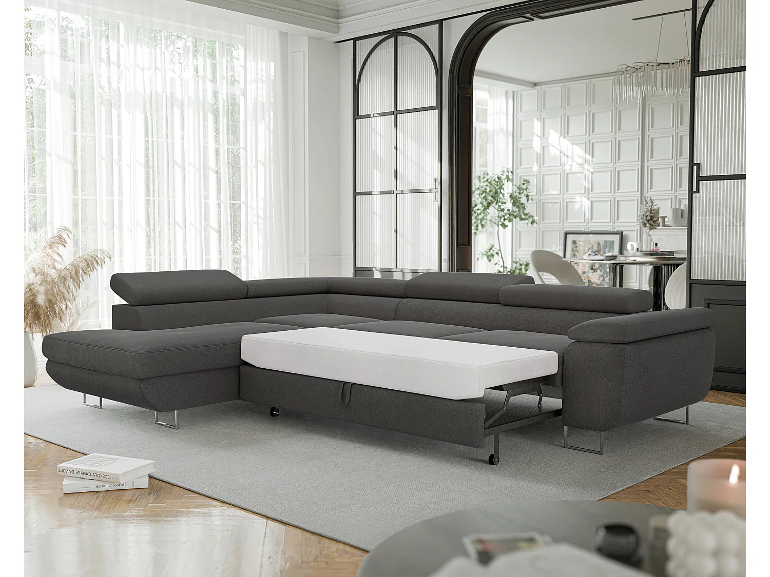 Canapé d'angle gauche convertible en tissu gris foncé