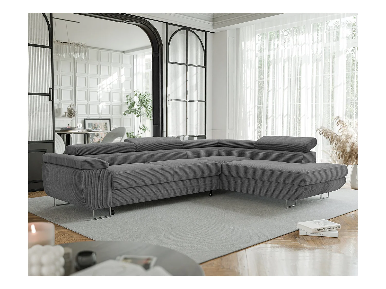 Canapé d'angle droit convertible en tissu gris foncé