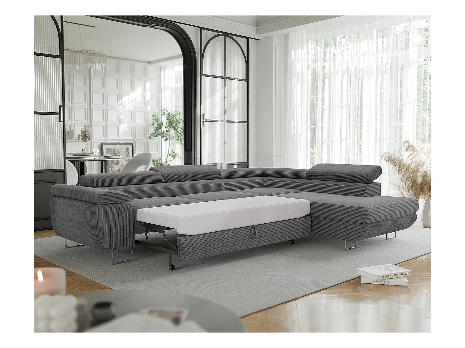 Canapé d'angle droit convertible en tissu gris foncé