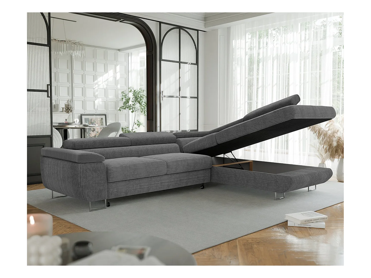 Canapé d'angle droit convertible en tissu gris foncé