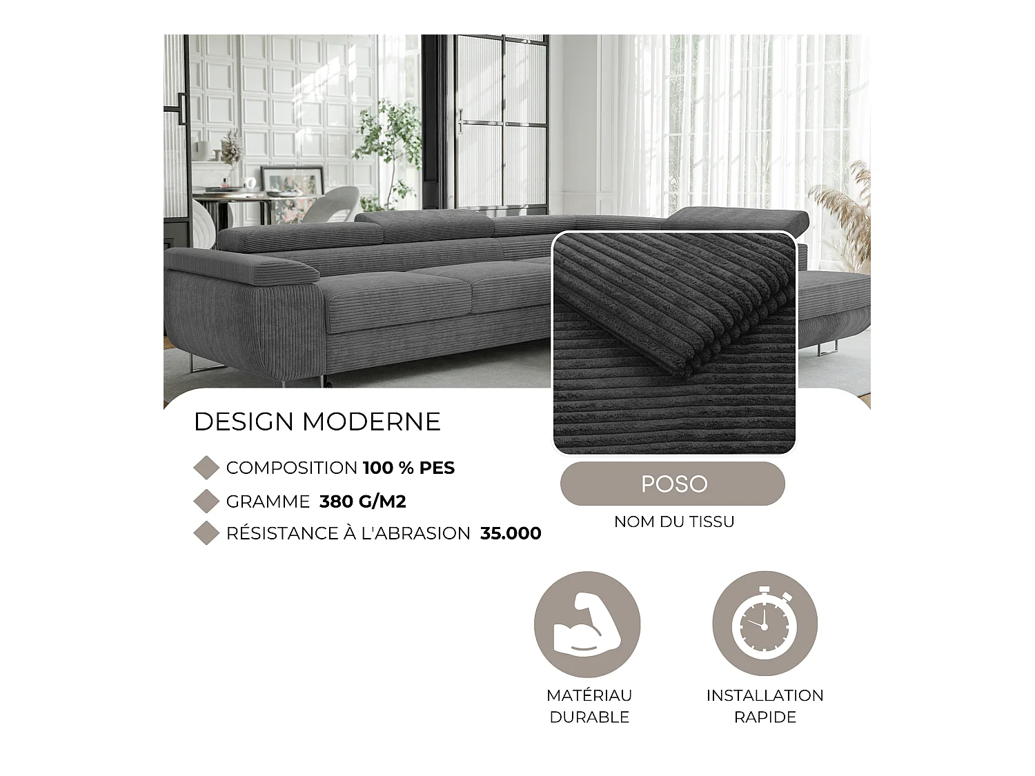 Canapé d'angle droit convertible en tissu gris foncé