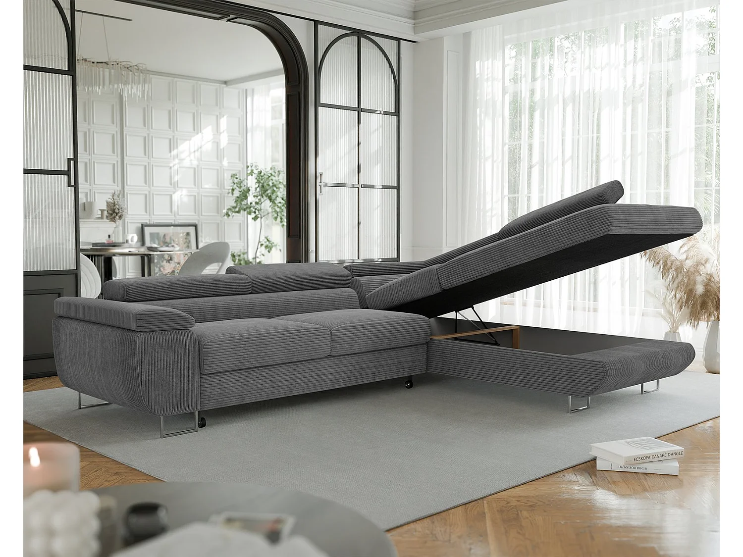 Canapé d'angle droit convertible en tissu gris foncé