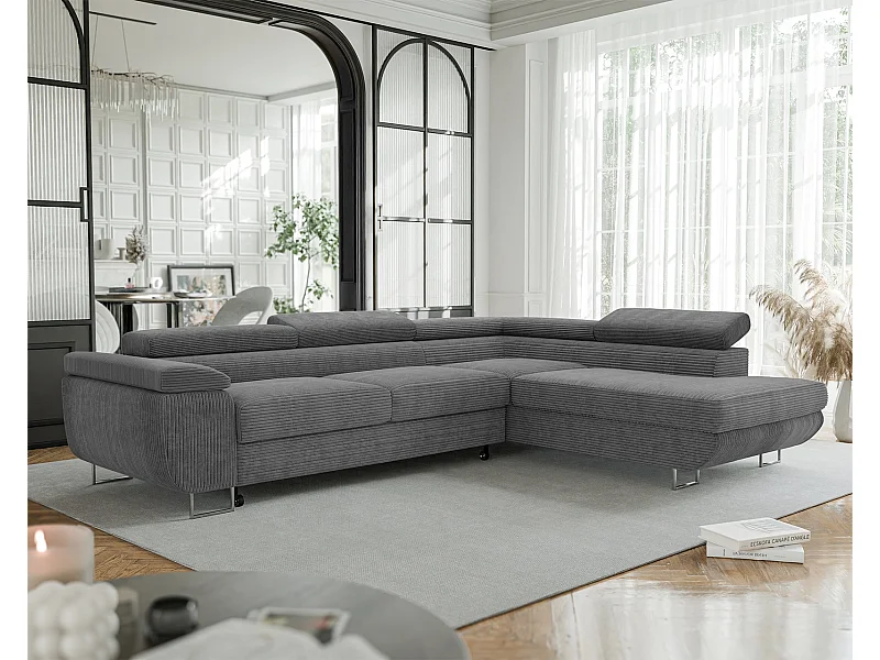 Canapé d'angle droit convertible en tissu gris foncé