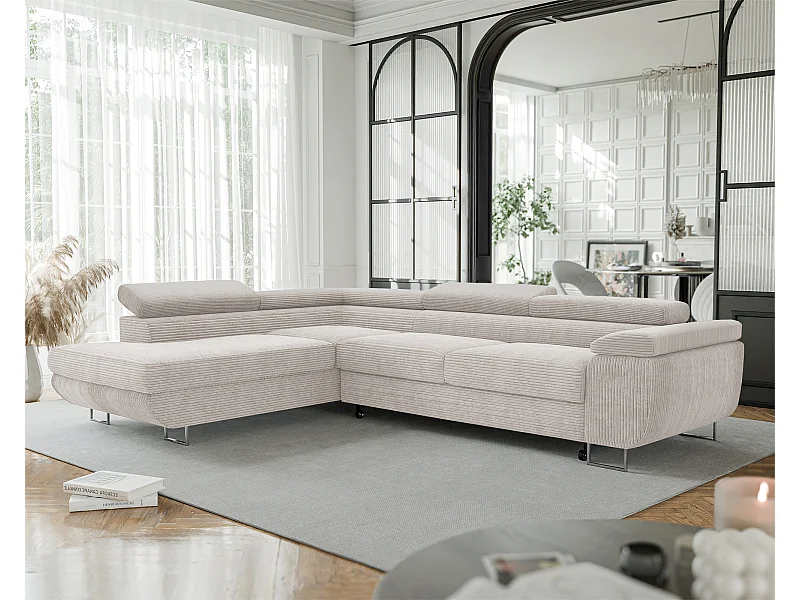 Canapé d'angle gauche convertible en tissu beige