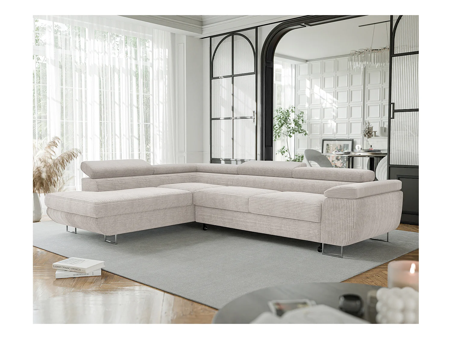 Canapé d'angle gauche convertible en tissu beige