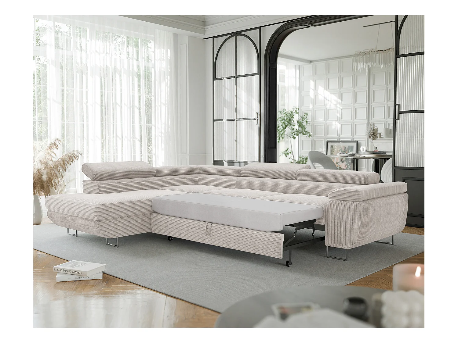 Canapé d'angle gauche convertible en tissu beige