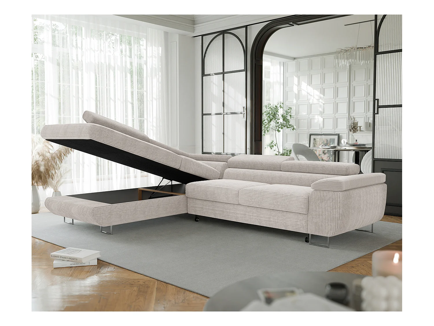 Canapé d'angle gauche convertible en tissu beige