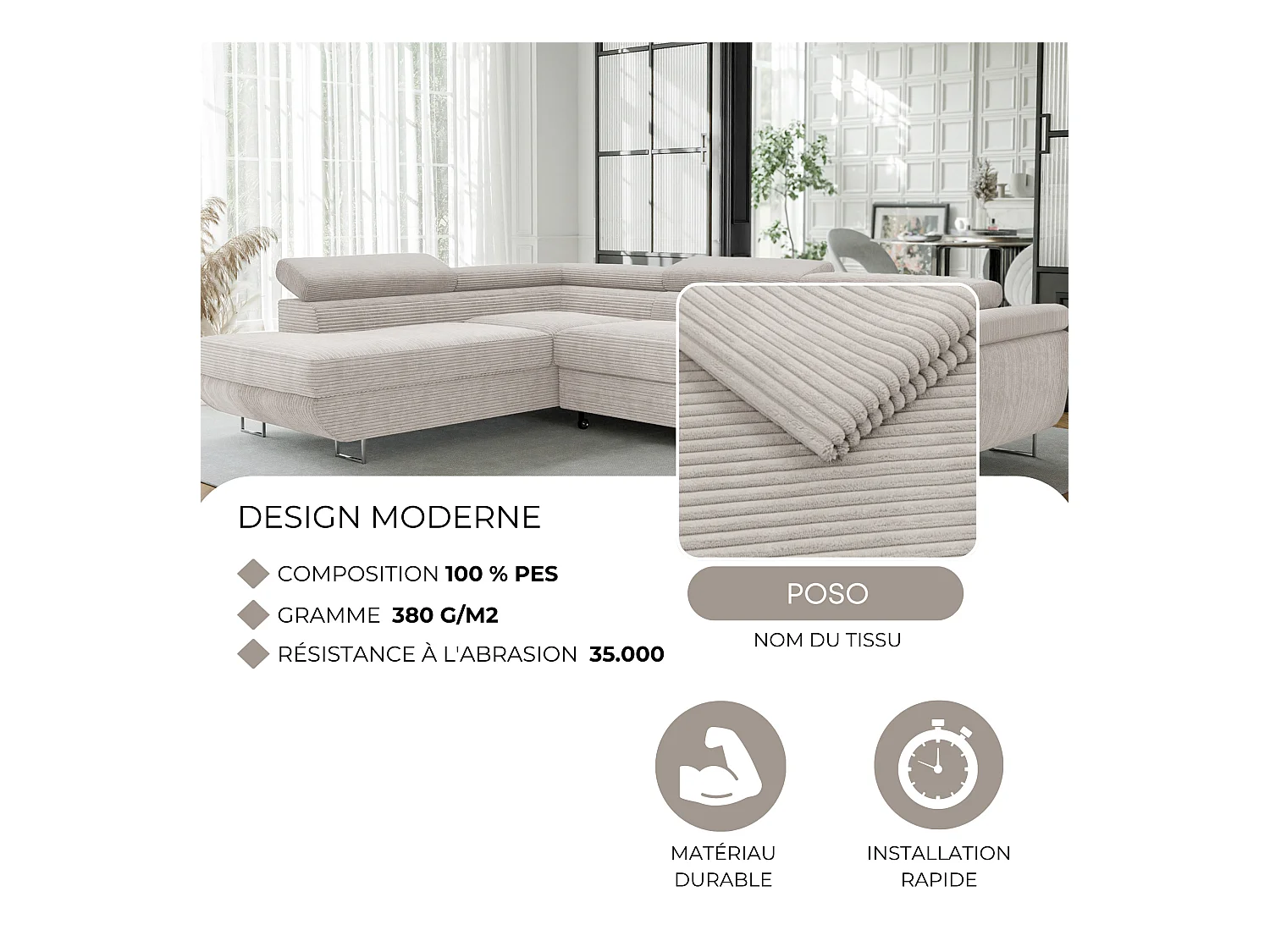 Canapé d'angle gauche convertible en tissu beige