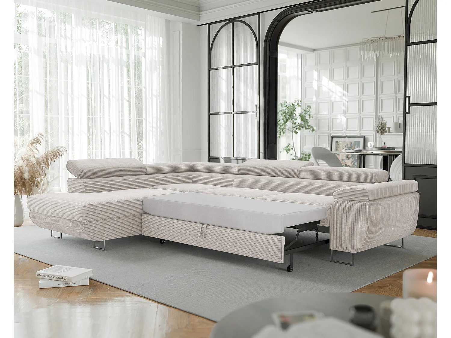 Canapé d'angle gauche convertible en tissu beige