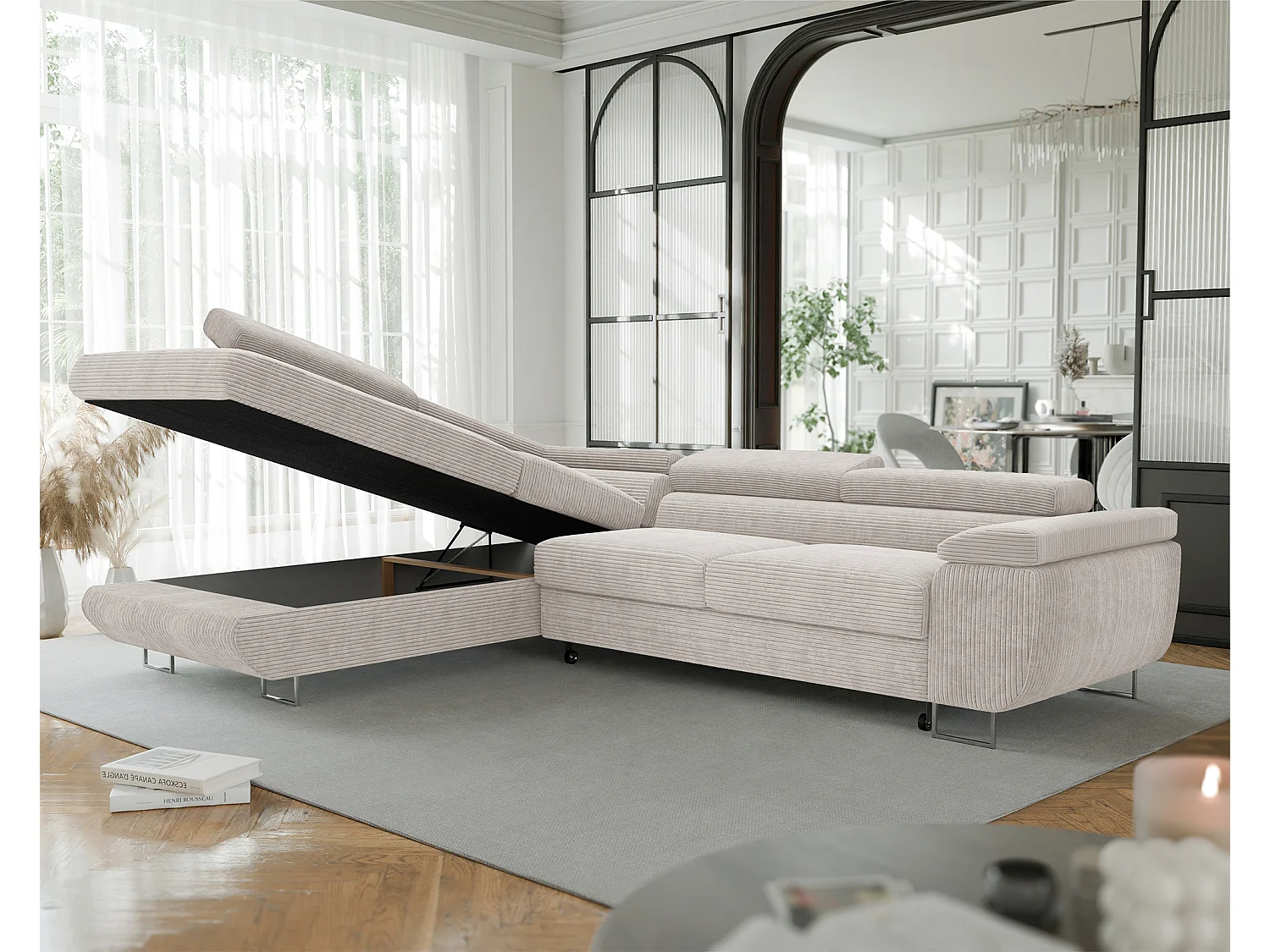 Canapé d'angle gauche convertible en tissu beige