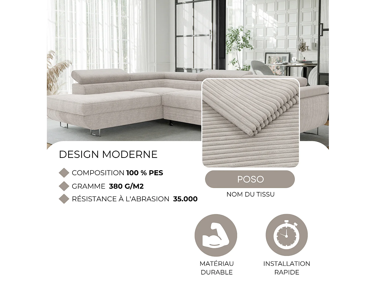 Canapé d'angle gauche convertible en tissu beige