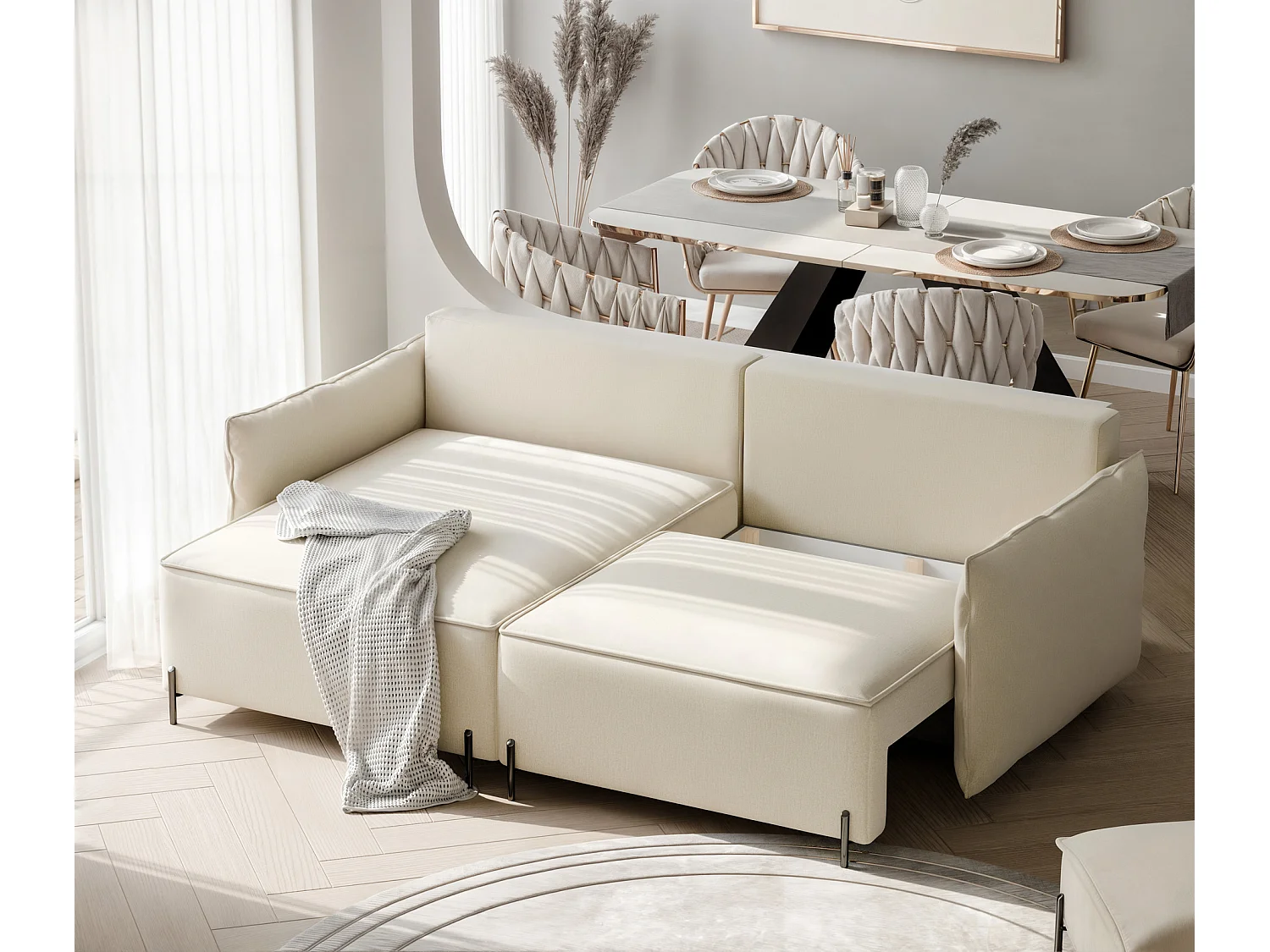 Canapé d'angle gauche convertible, beige