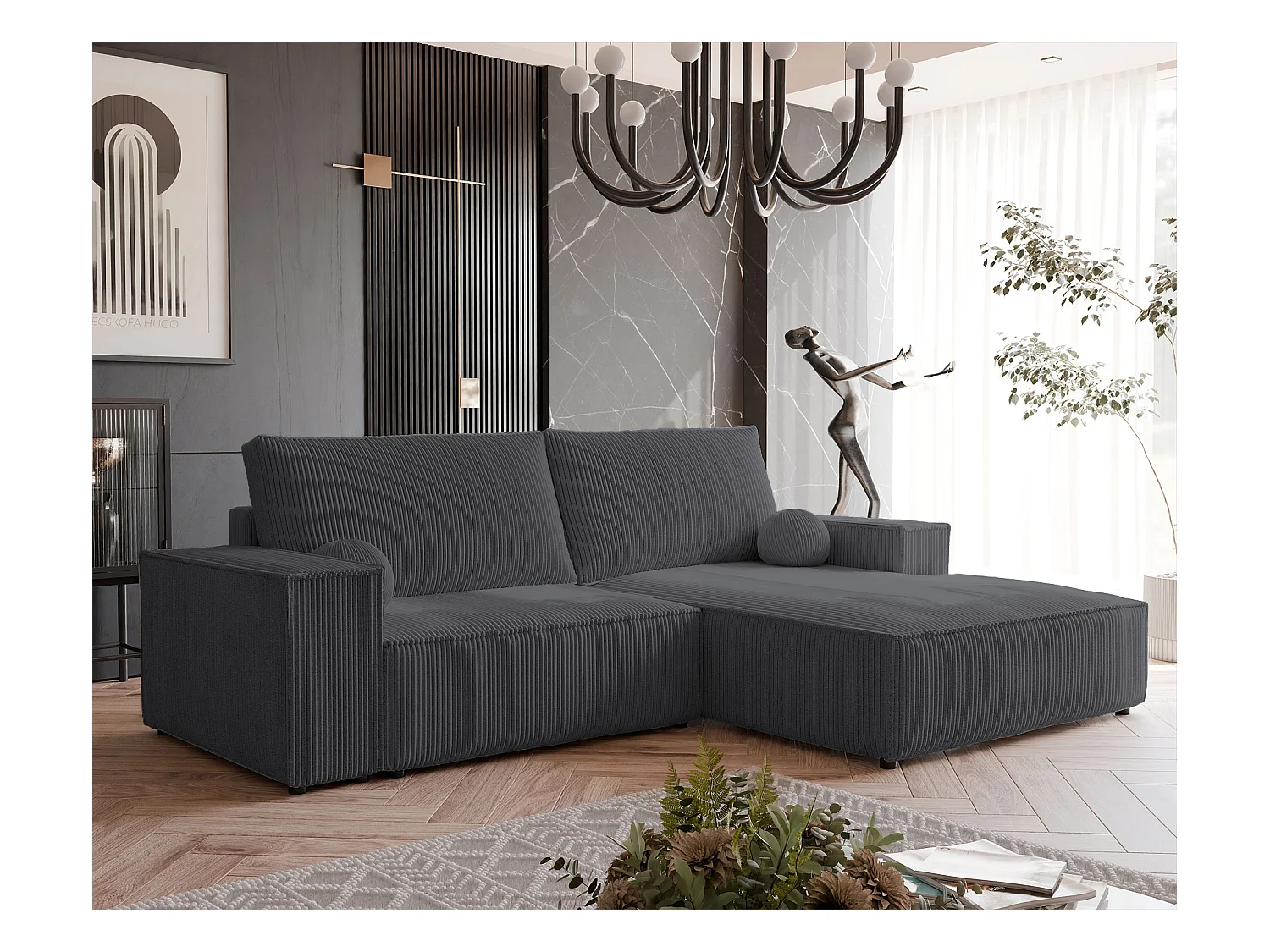 Canapé d'angle droit convertible en velours côtelé, graphite