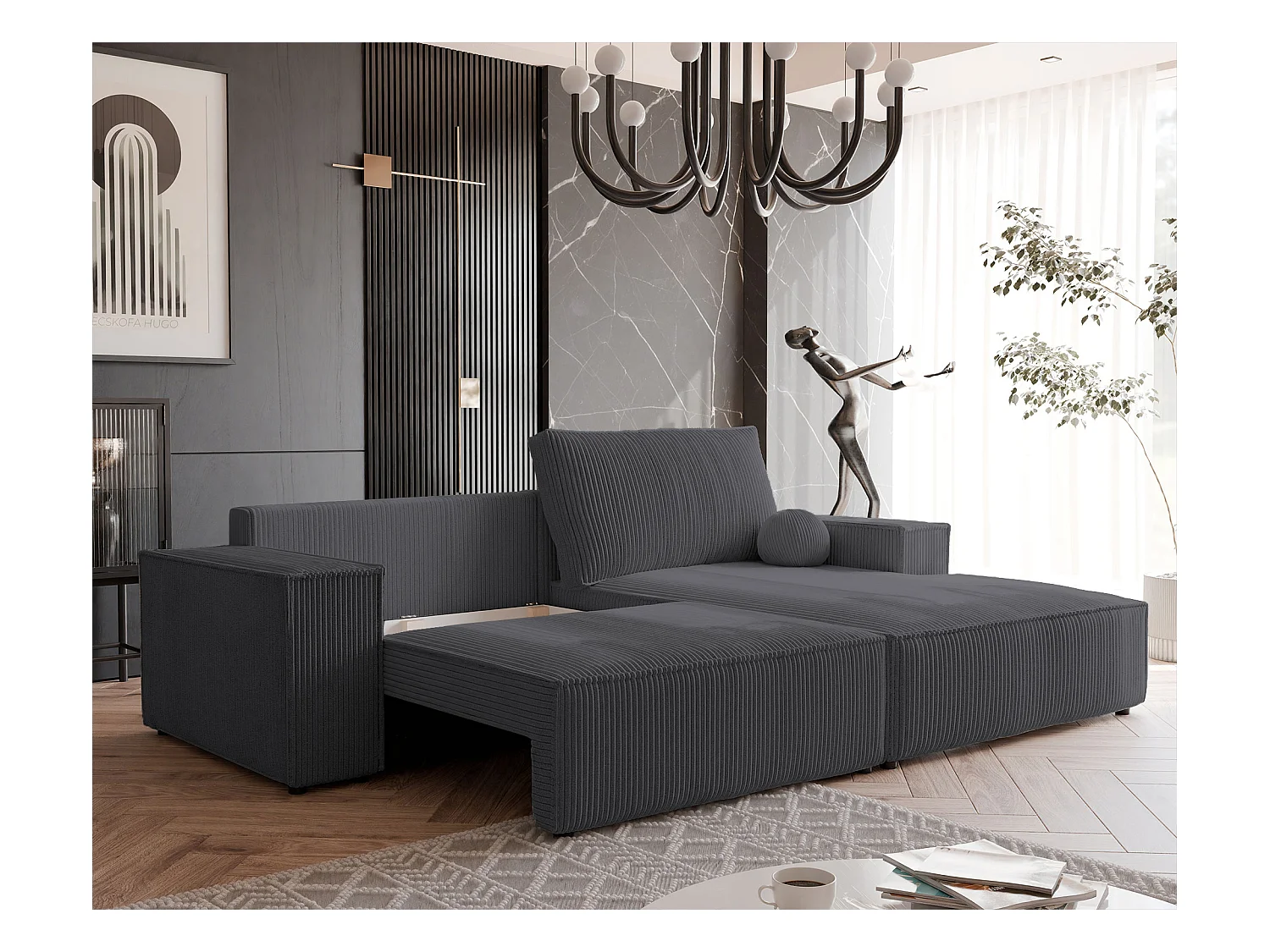 Canapé d'angle droit convertible en velours côtelé, graphite