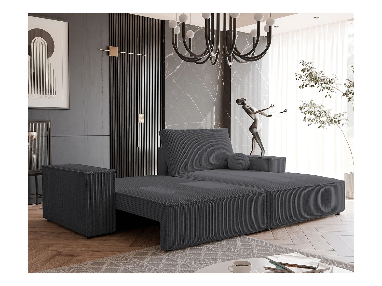 Canapé d'angle droit convertible en velours côtelé, graphite