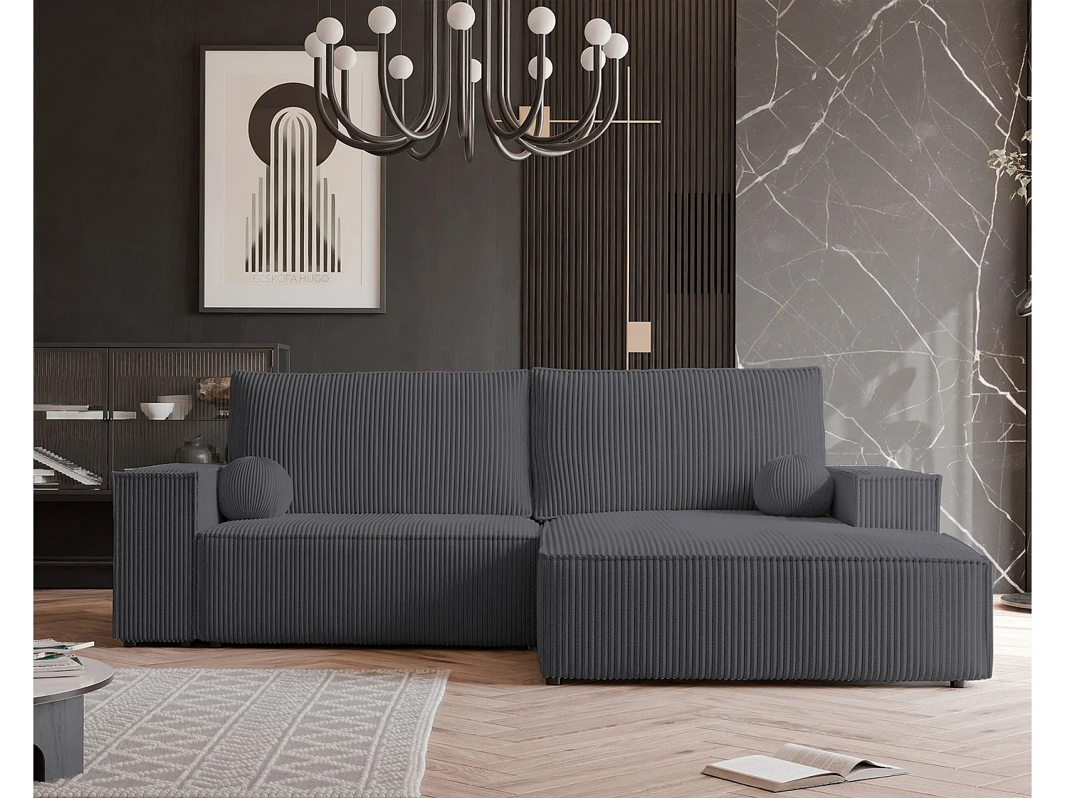 Canapé d'angle droit convertible en velours côtelé, graphite