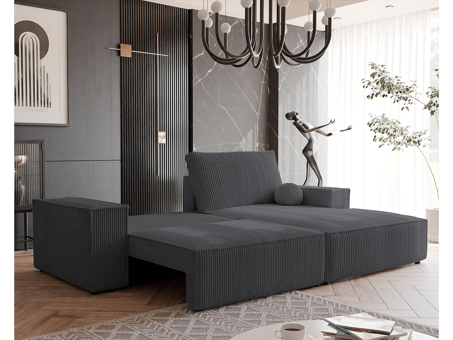 Canapé d'angle droit convertible en velours côtelé, graphite