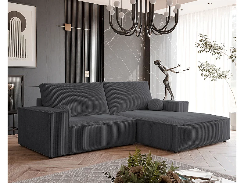 Canapé d'angle droit convertible en velours côtelé, graphite