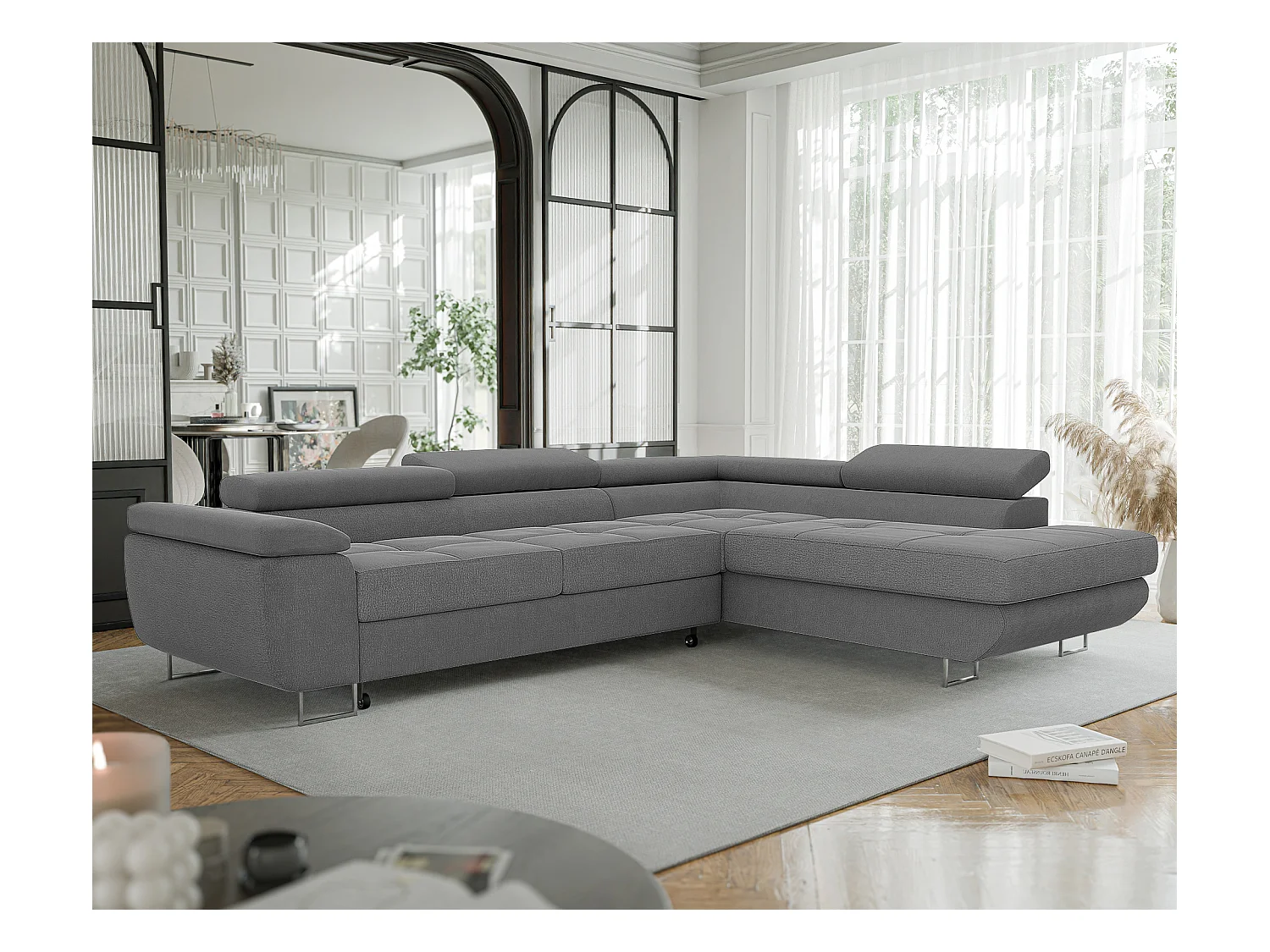 Canapé d'angle droit convertible en tissu gris