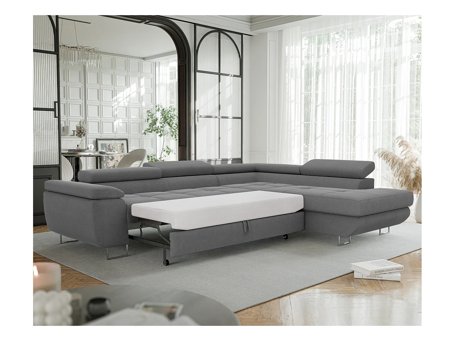 Canapé d'angle droit convertible en tissu gris