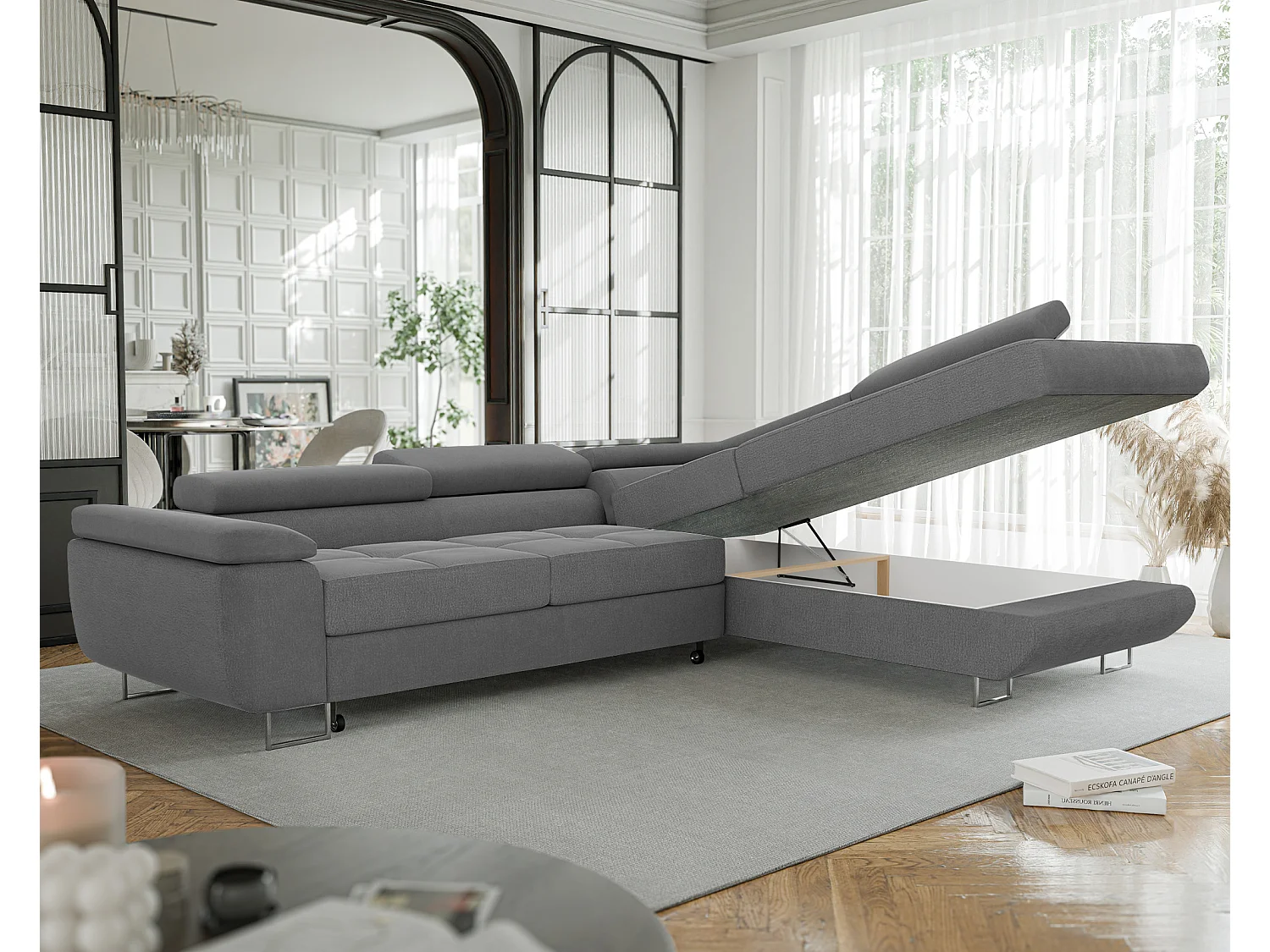 Canapé d'angle droit convertible en tissu gris