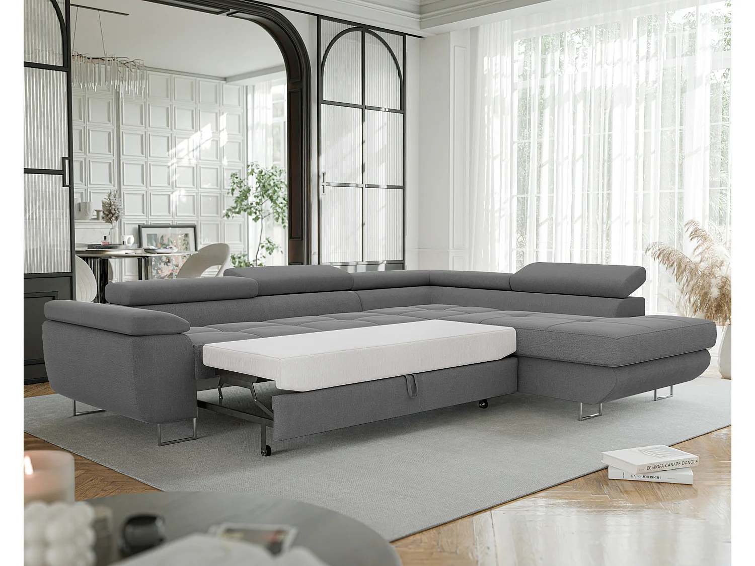 Canapé d'angle droit convertible en tissu gris