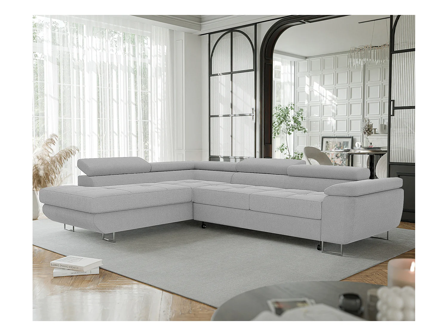 Canapé d'angle gauche convertible en tissu gris clair