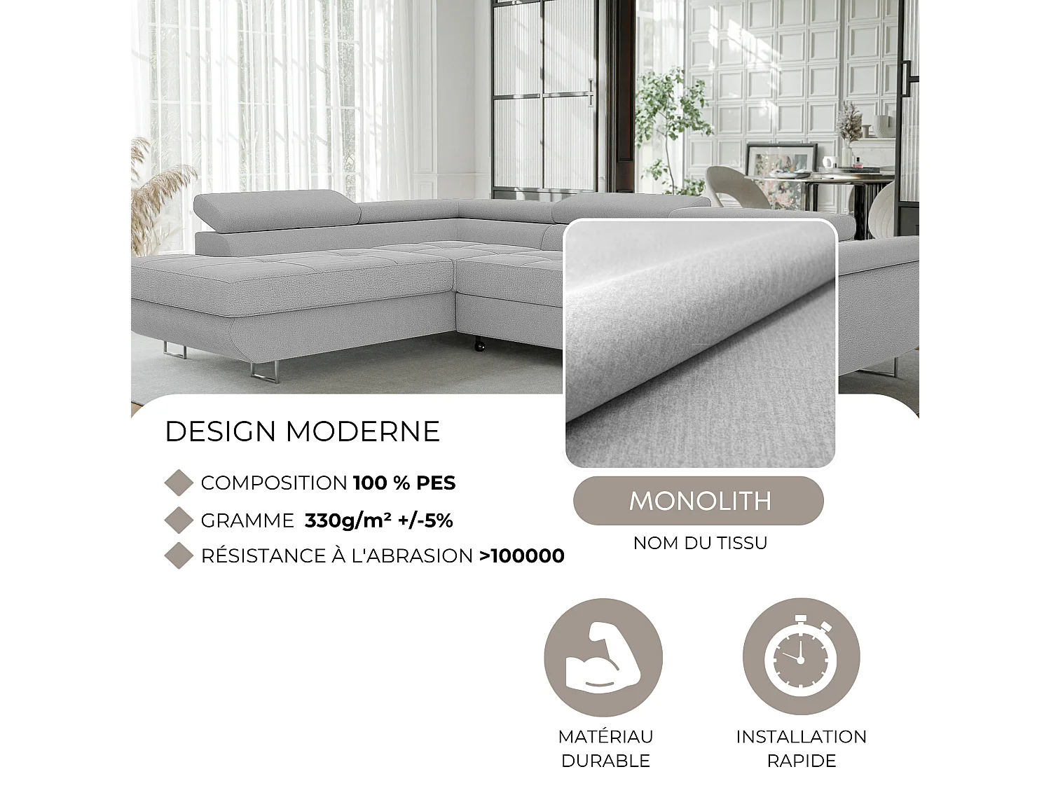 Canapé d'angle gauche convertible en tissu gris clair