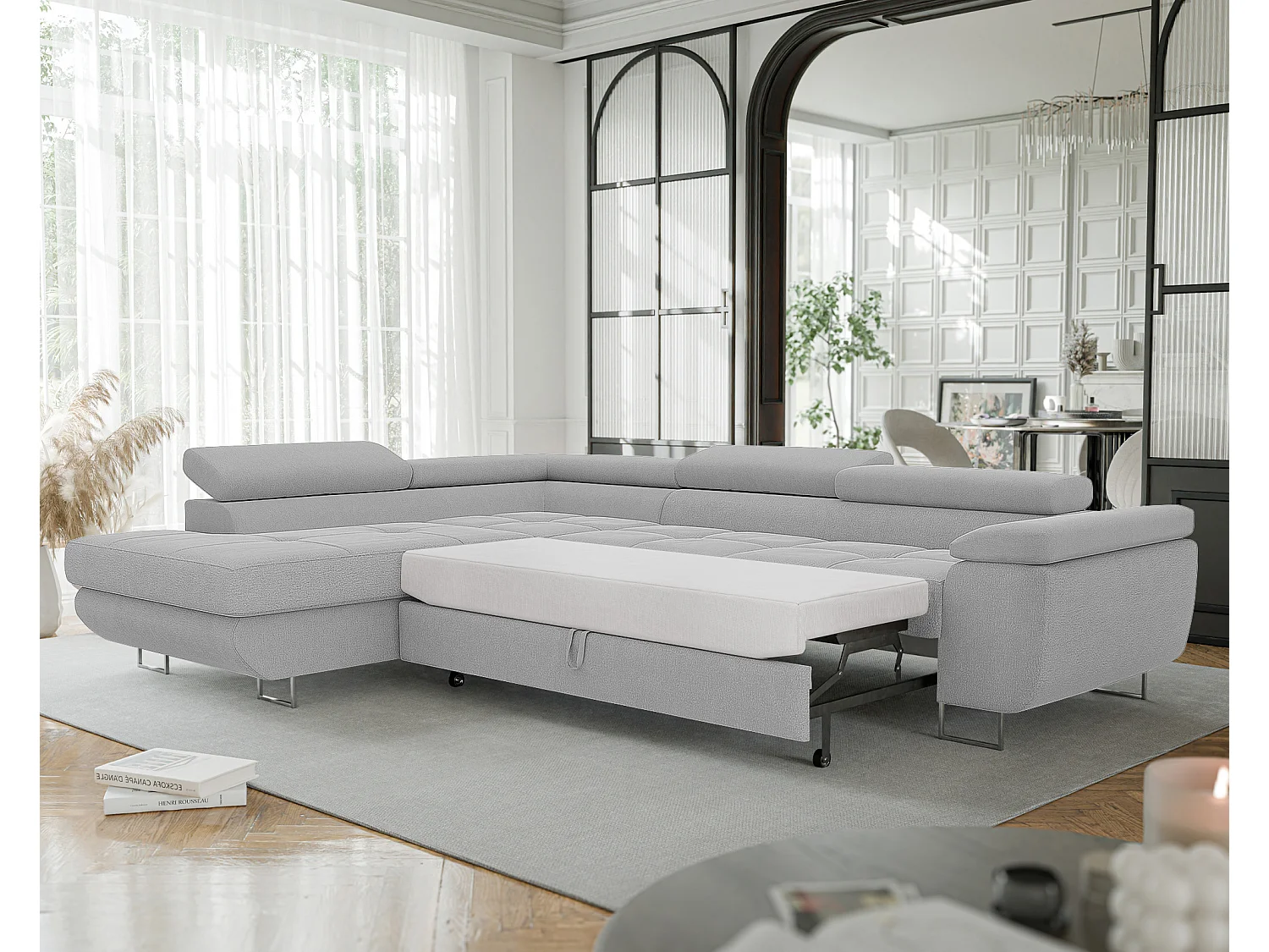 Canapé d'angle gauche convertible en tissu gris clair