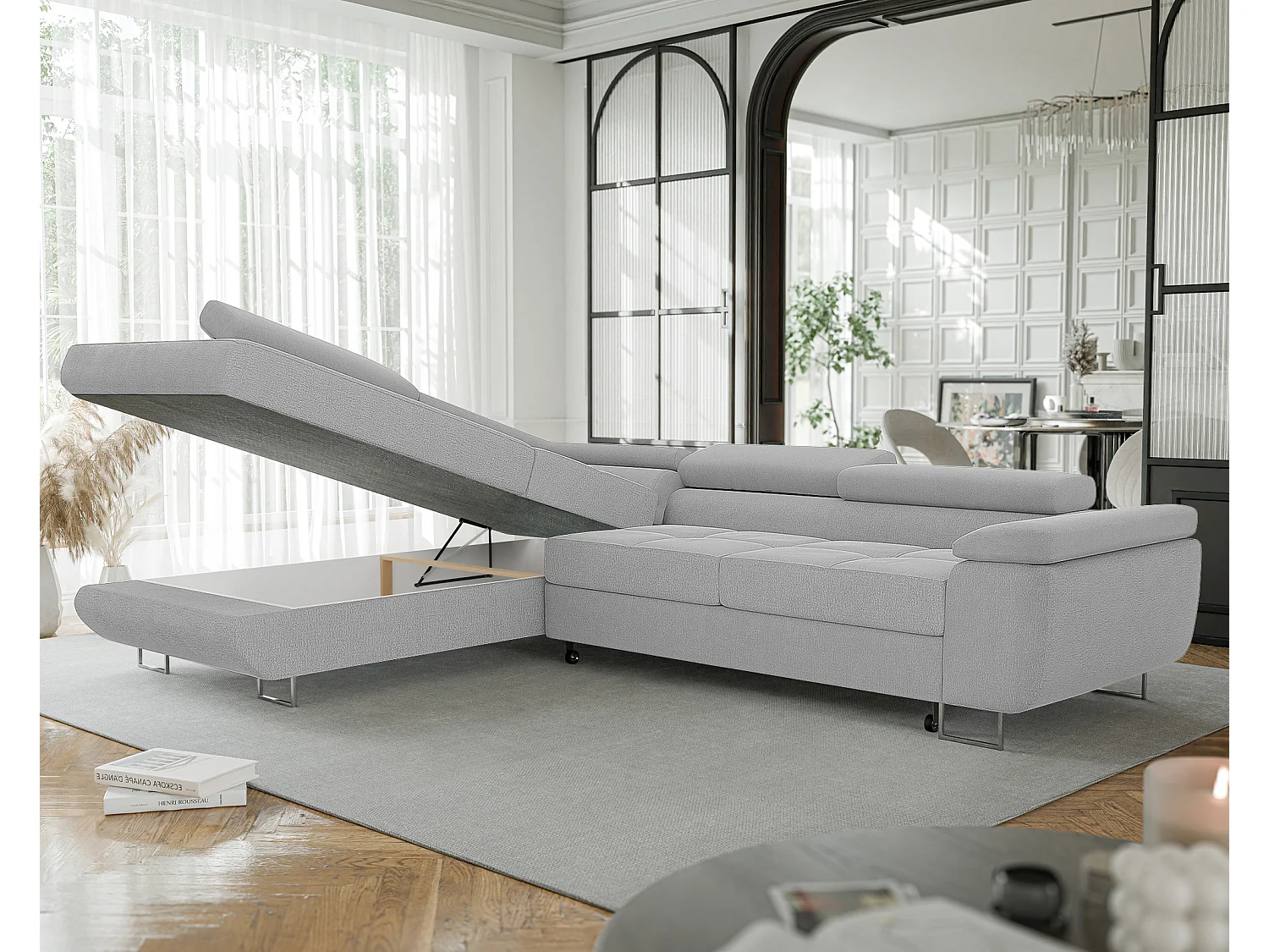 Canapé d'angle gauche convertible en tissu gris clair