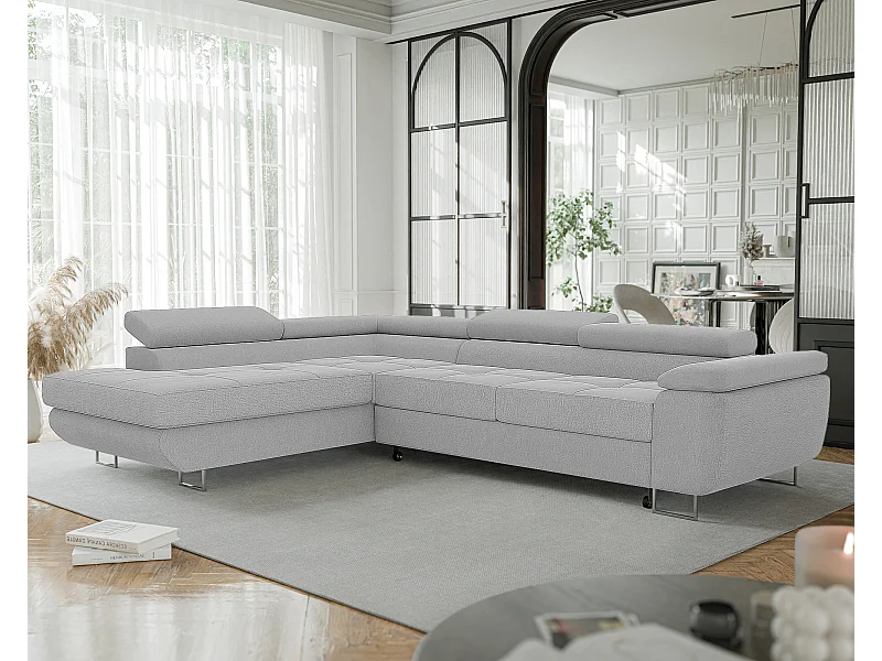 Canapé d'angle gauche convertible en tissu gris clair