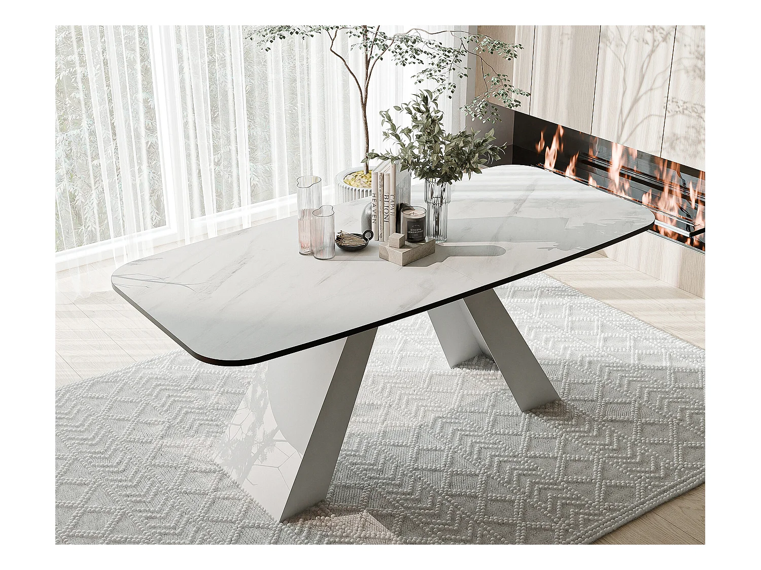 Table à manger extensible 160/198 en MDF, pieds en métal blanc, marbre bianco