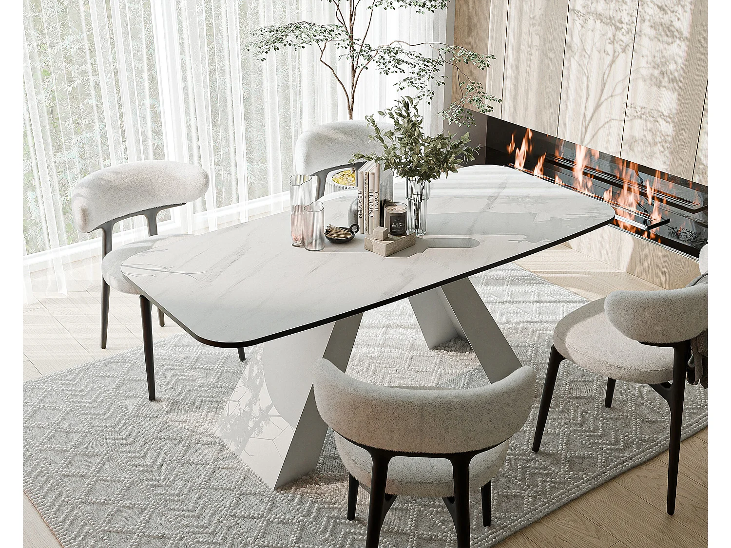 Table à manger extensible 160/198 en MDF, pieds en métal blanc, marbre bianco