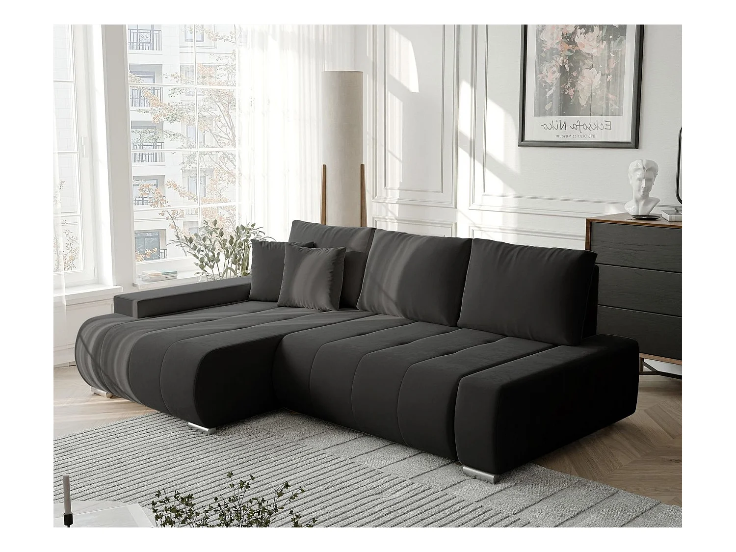 Canapé d'angle gauche convertible en velours, gris anthracite